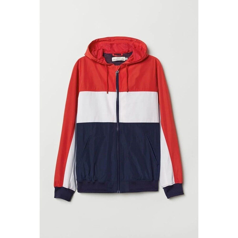H M Vintage Nylon Bomber Jacket Shiny Silky Glanz Red White Blue Medium - Picture 3 of 8